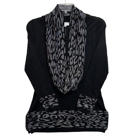 Birch NY Sweater Black Metallic Silver Animal Print Pull Over + Scarf-Size Small - Picture 1 of 7